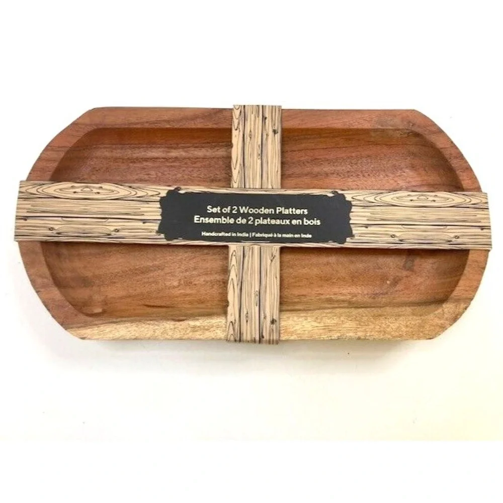 Set‎ of 2 Wooden Platters Handcrafted in India 12in x6in Boho MCM